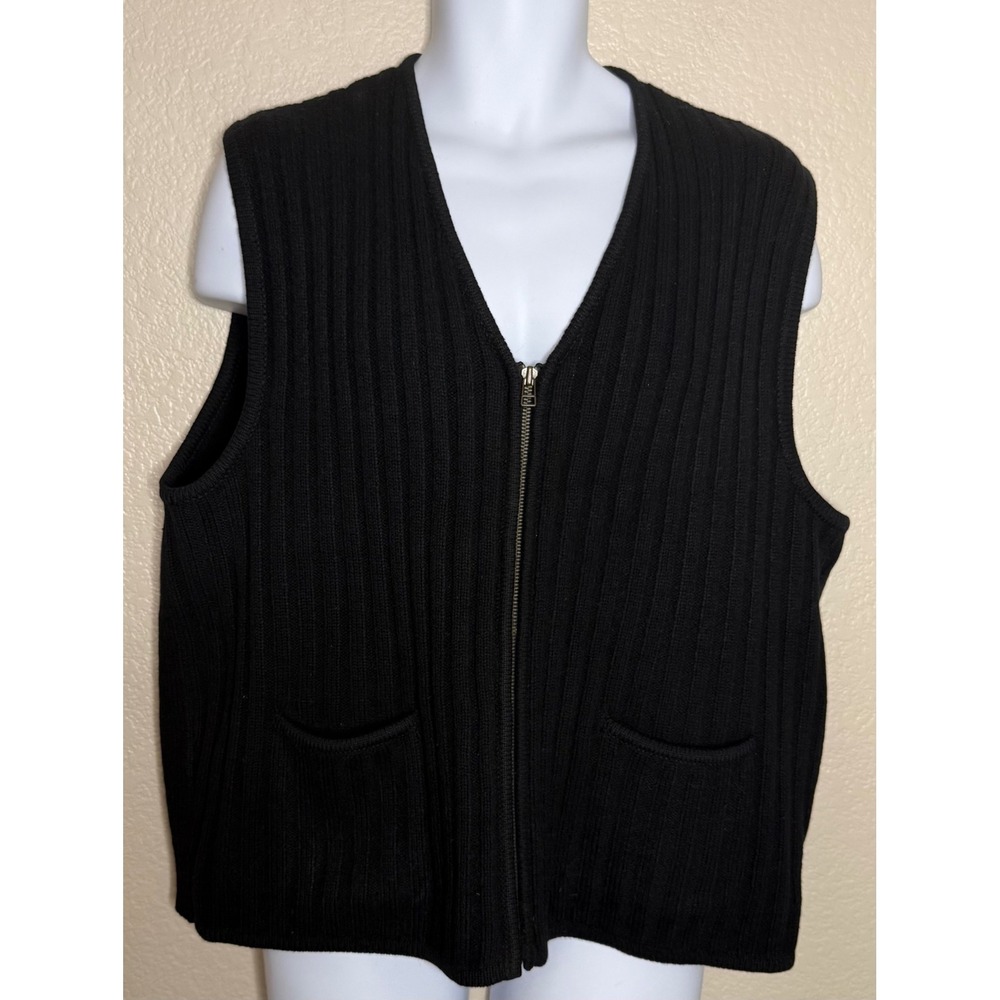 Neiman Marcus L Sweater Vest Black 100% Lambswool Full Zip Ribbed Knit Pocket
